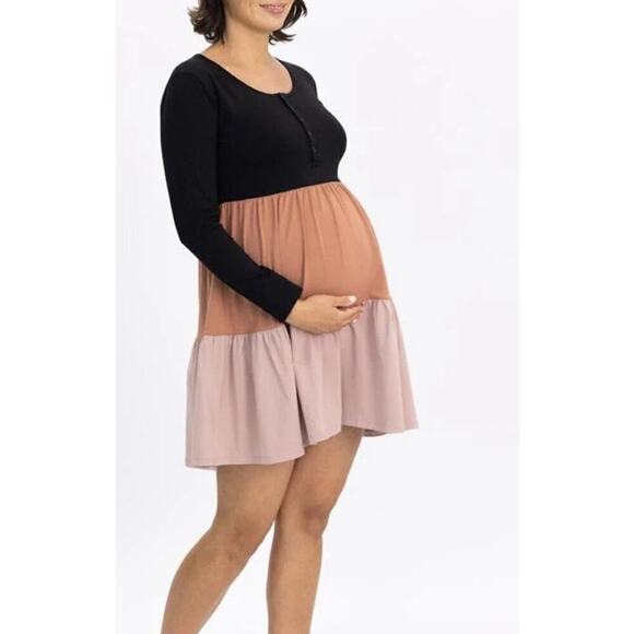 Angel Maternity Tiered Dress Colorblock Long Sleeve Mini Multicolor NWT  L - Picture 1 of 10